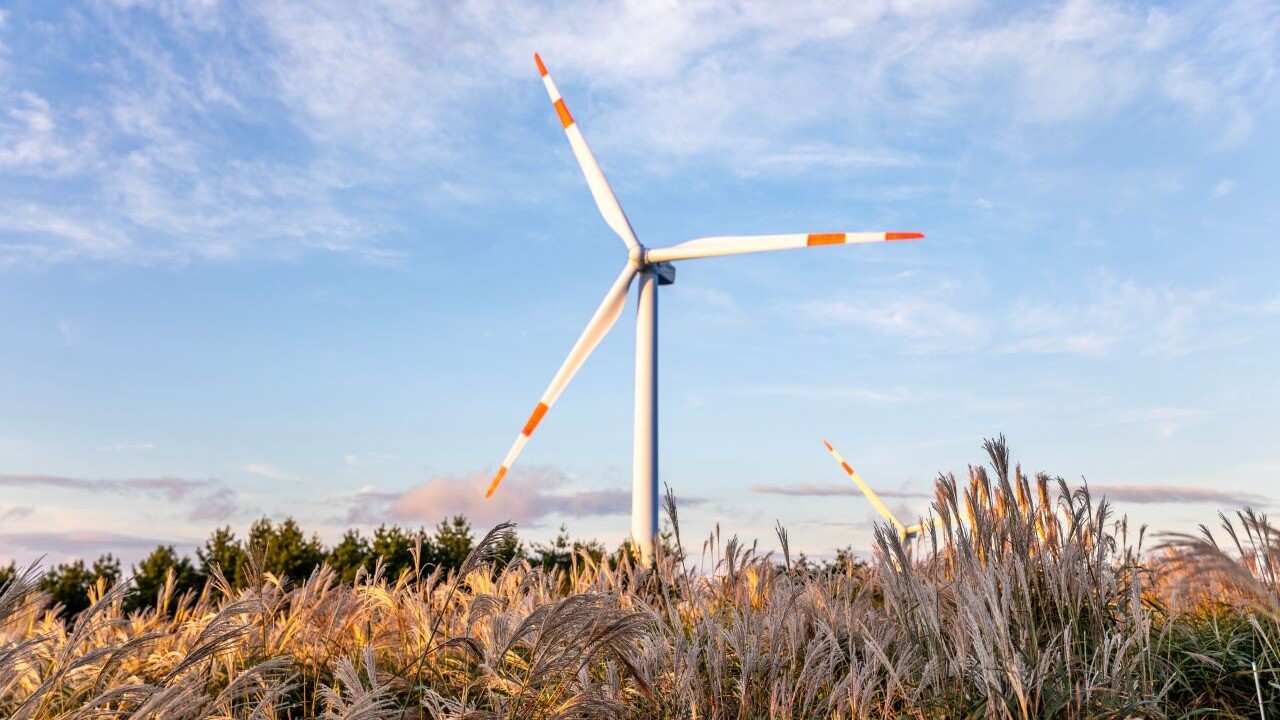 Autumn grasses beneath a wind turbine on Gamaksan
