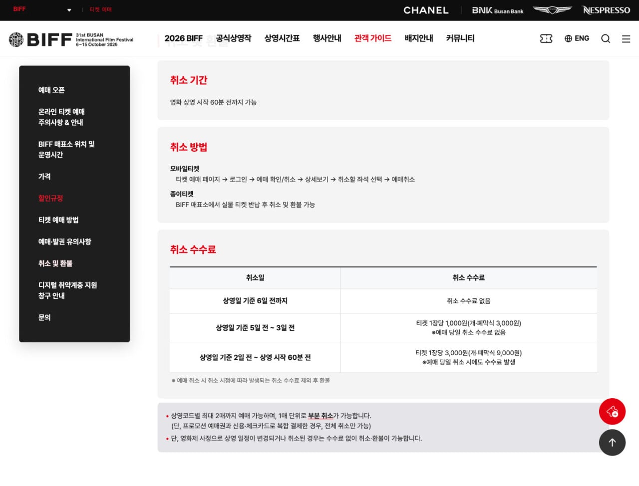 BIFF official cancellation deadline and refund fees