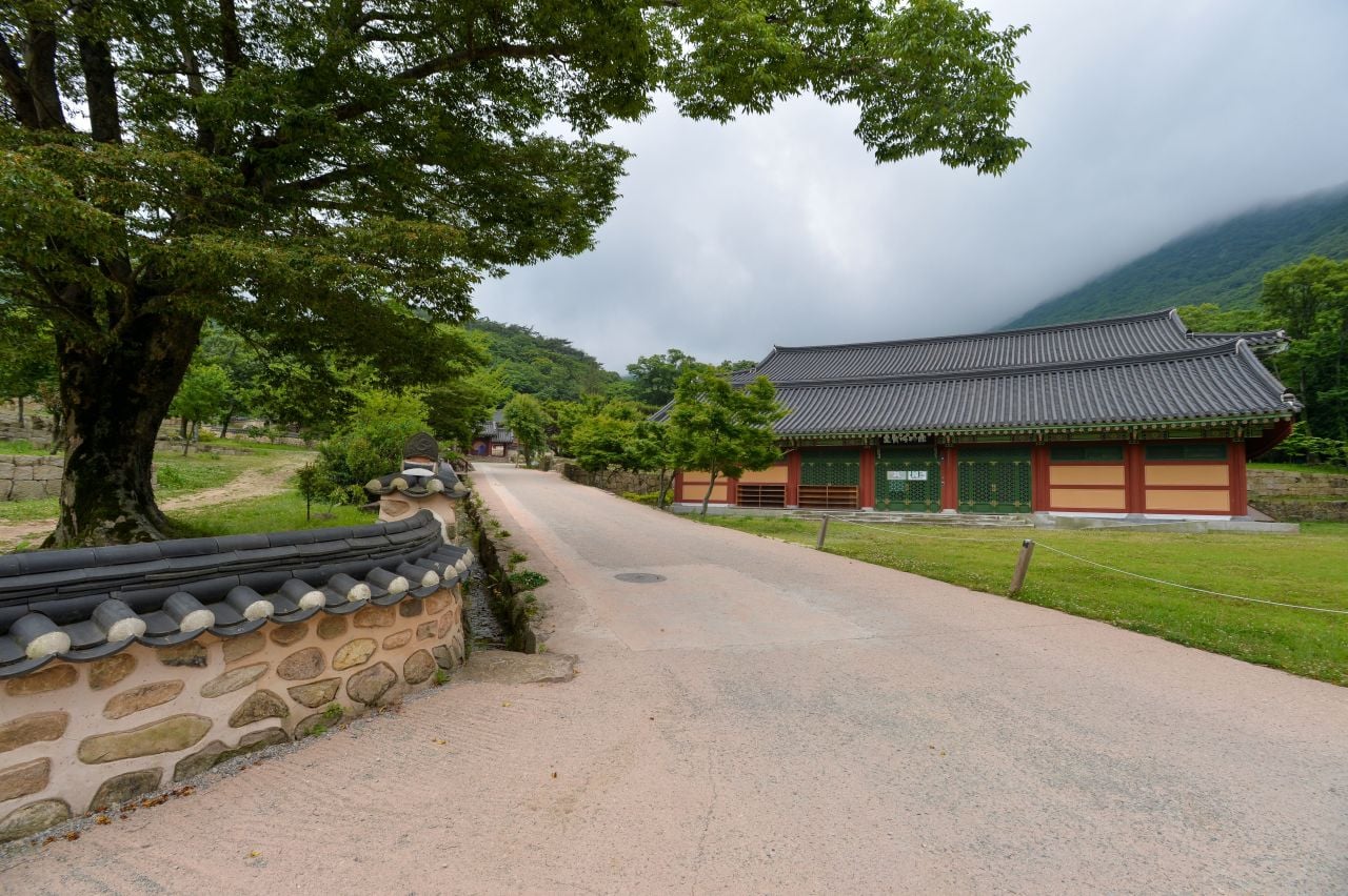 대흥사의 담장과 전각 옆길, 지붕 뒤로 보이는 두륜산 자락