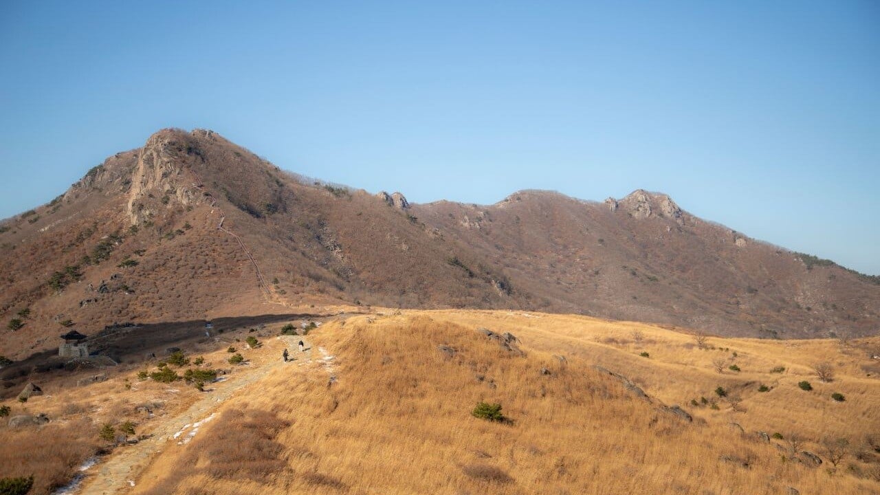 An open silver grass field below a rocky Hwangmaesan peak