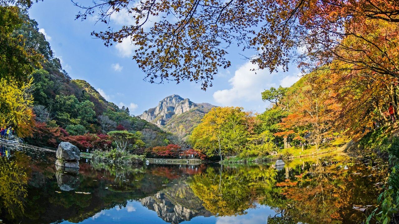 Mountain peaks and trees reflected in water in Naejangsan National Park