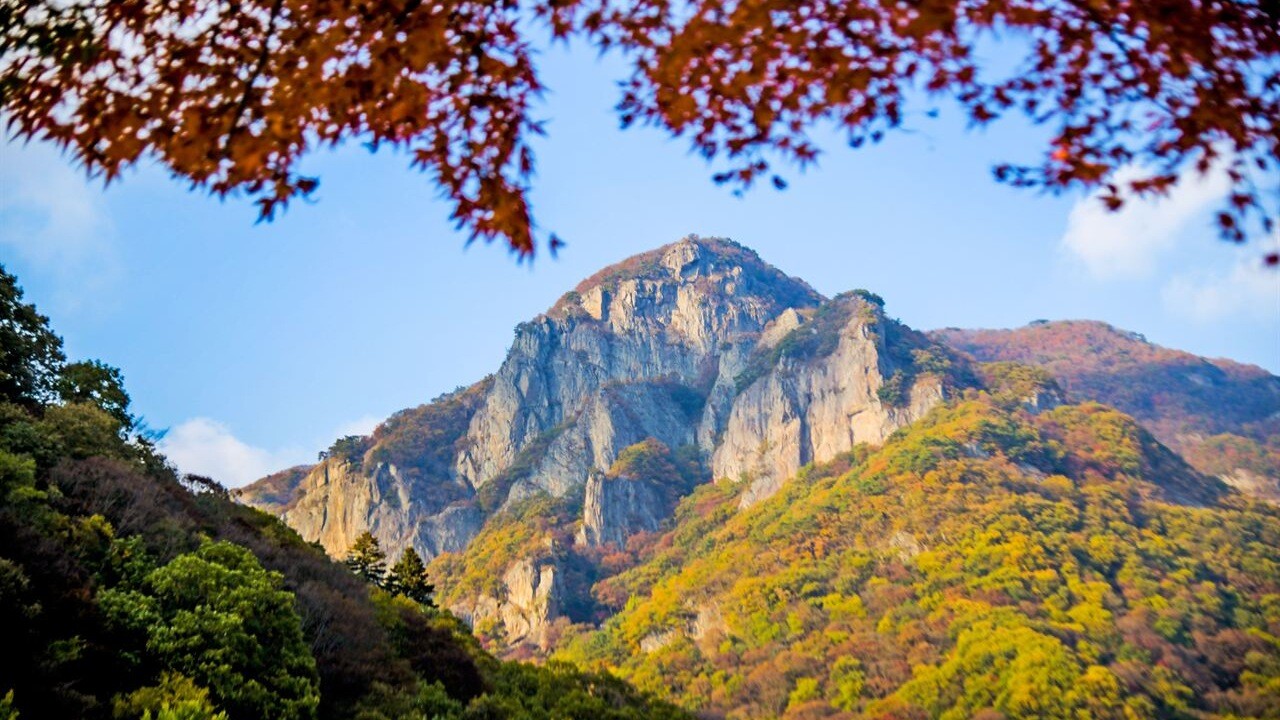 Rock peaks framed by leaves in Naejangsan National Park
