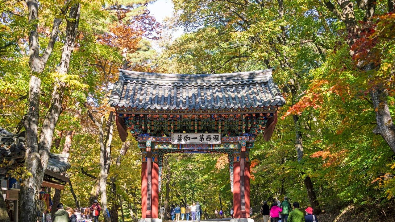 속리산 법주사 접근로의 기와 문과 가을 나무