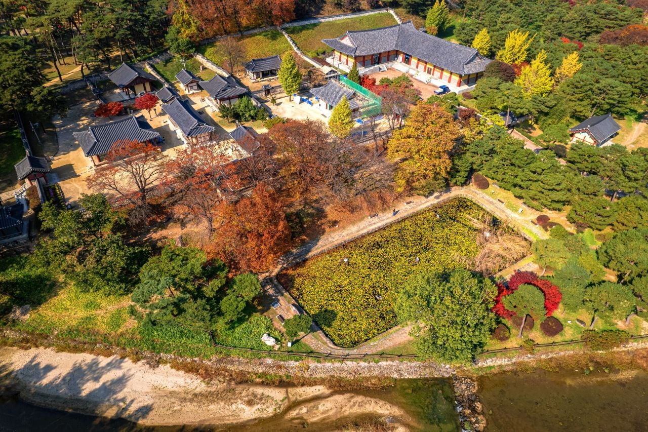 소수서원의 전각과 주변 수목, 죽계천을 함께 담은 항공 전경