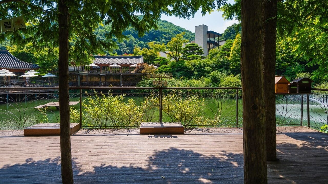 연못과 숲 사이로 완만하게 이어지는 화담숲 데크길