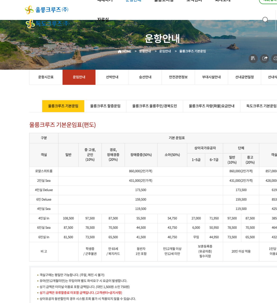울릉크루즈 객실별 기본운임표 공식 화면